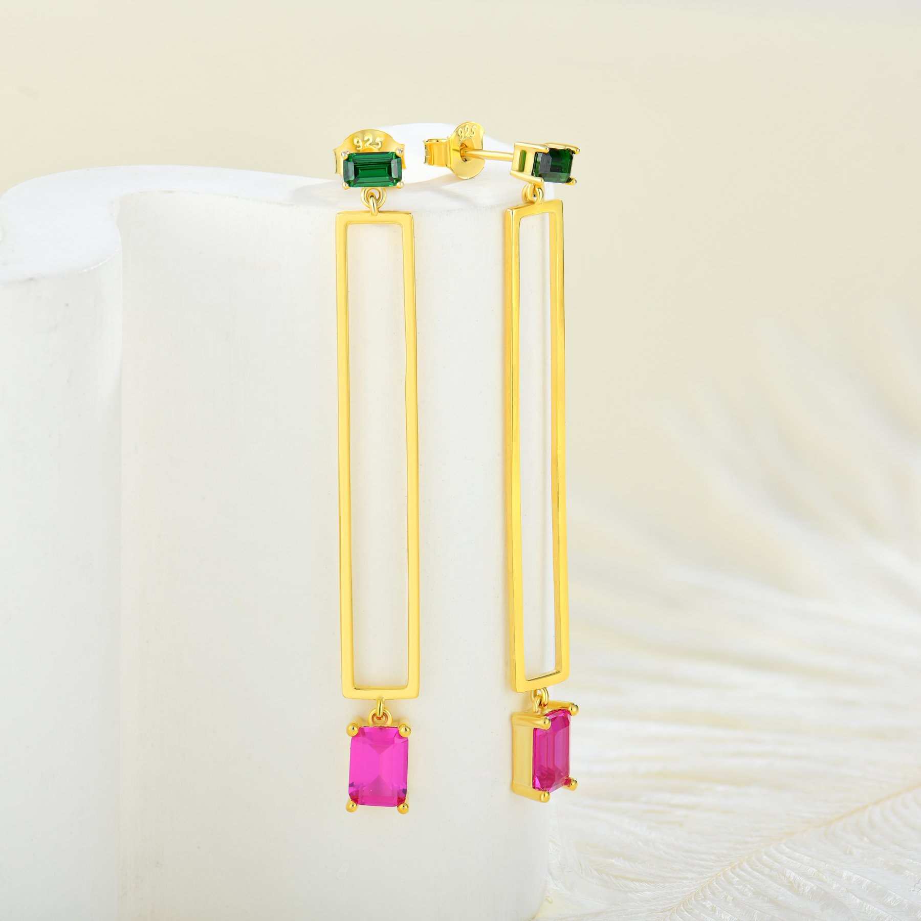 Wholesale Waterproof Jewelry Plated Gold Geometric 925 Silver Hollow Rectangular Earrings With Two CZ