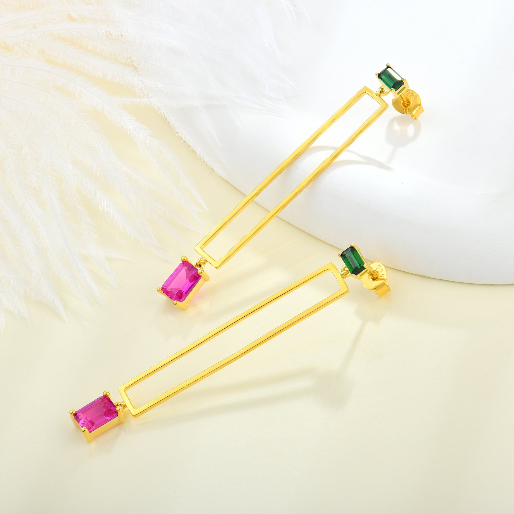 Wholesale Waterproof Jewelry Plated Gold Geometric 925 Silver Hollow Rectangular Earrings With Two CZ