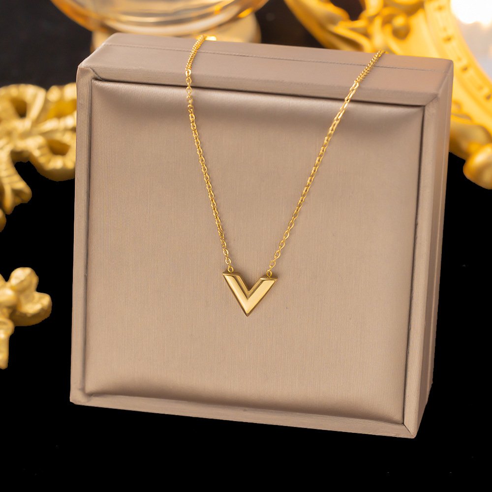 Waterproof 18K Gold Plated Stainless Steel V Shape Pendant Necklace Bracelet Earrings Fine Fashion Jewelry Sets For Women