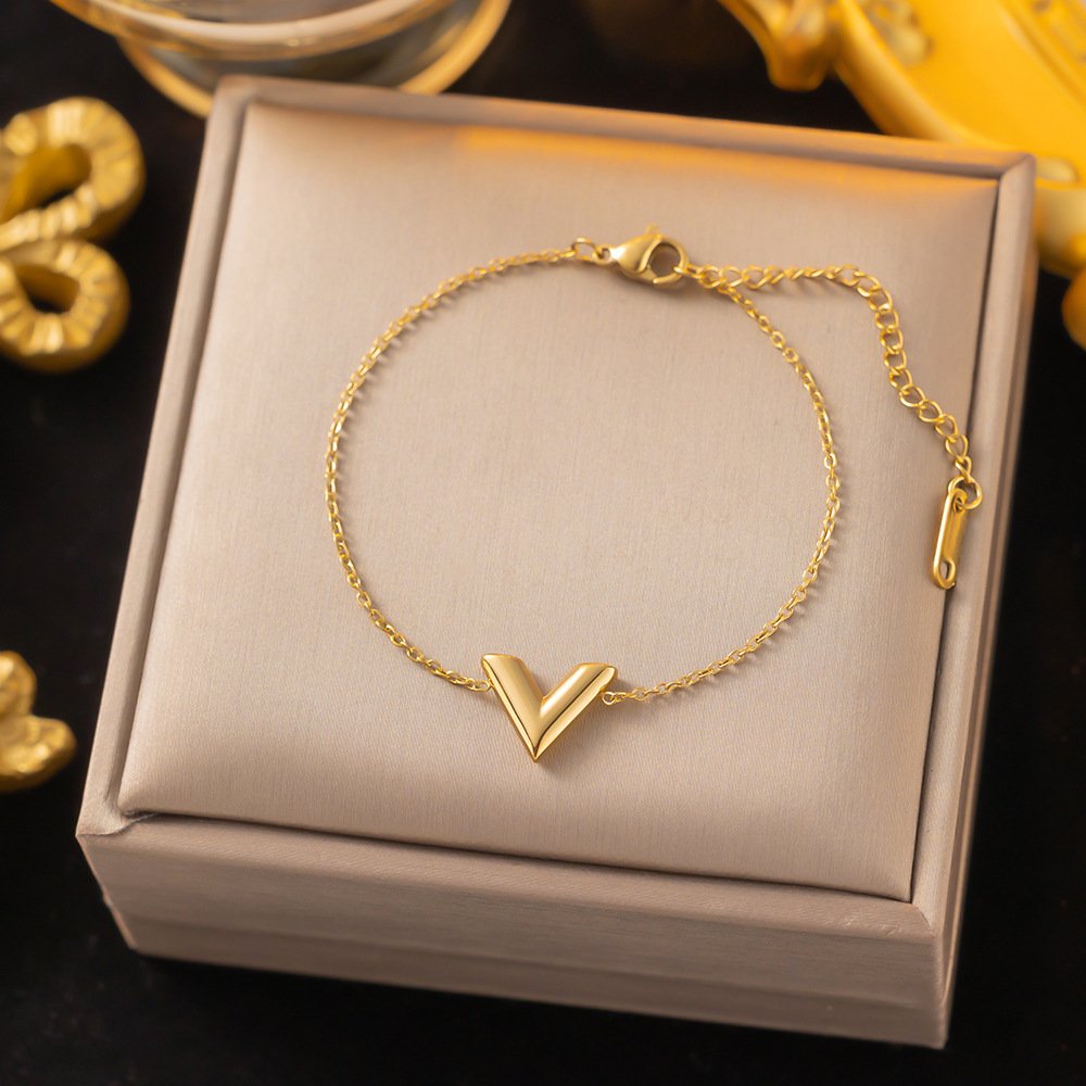 Waterproof 18K Gold Plated Stainless Steel V Shape Pendant Necklace Bracelet Earrings Fine Fashion Jewelry Sets For Women