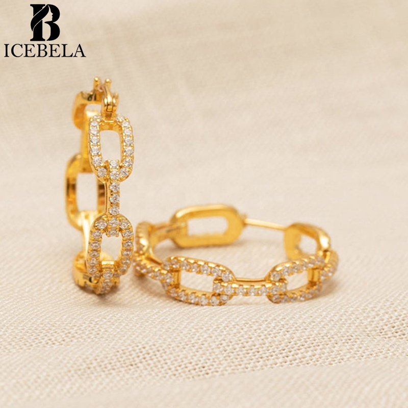 Fashion Fine Jewelry 925 Sterling Silver Clip On Earring 18k Gold Plated Pave Zircon Link Hoop Earrings Jewelry Women For Girls