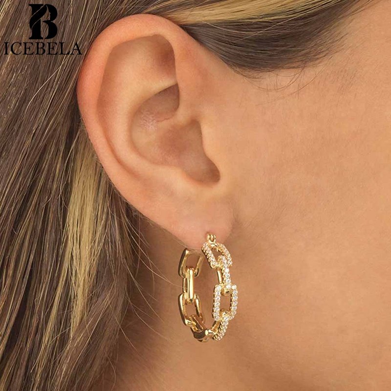 Fashion Fine Jewelry 925 Sterling Silver Clip On Earring 18k Gold Plated Pave Zircon Link Hoop Earrings Jewelry Women For Girls