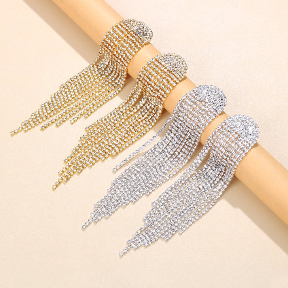 Luxury Jewelry Full Rhinestone Crystal Tassel Earrings Shiny Dangle Drop Earrings Wedding Party Gold Earings Jewelry
