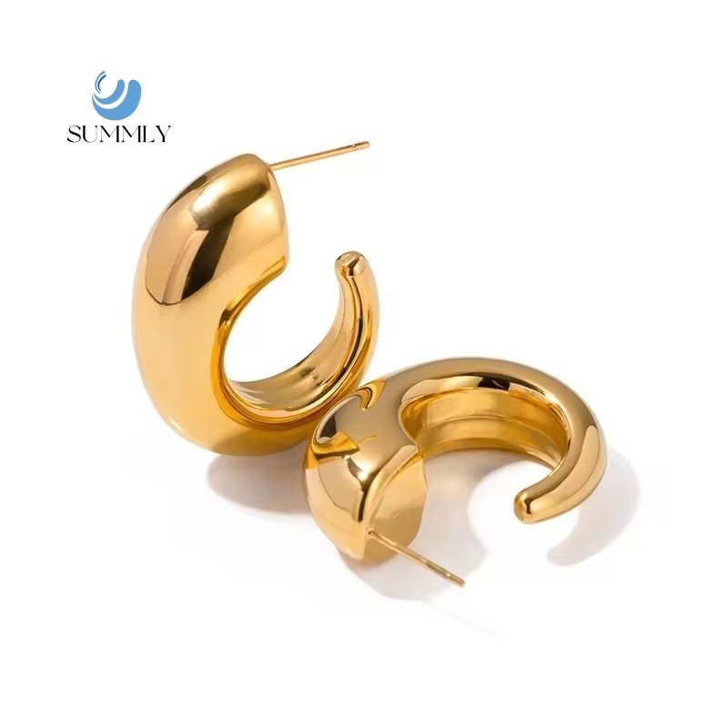 SUMMLY Vintage Thick Hoop 18k Gold Plated Stainless Steel Earrings Women Fine Fashion Jewelry