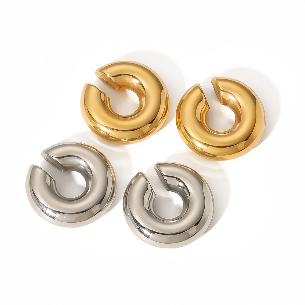 New Arrivals Fashion Exaggerated 18K Gold Plated C Shape Ear Clips Ear Cuff Glossy Waterproof Stainless Steel Earrings for Women