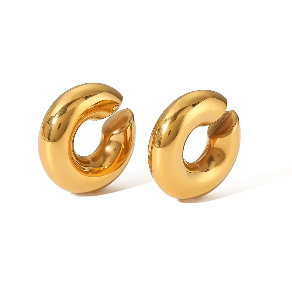 New Arrivals Fashion Exaggerated 18K Gold Plated C Shape Ear Clips Ear Cuff Glossy Waterproof Stainless Steel Earrings for Women