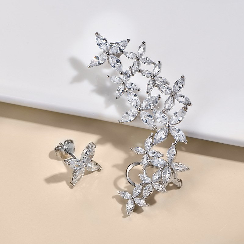Fine Jewelry Platinum Plated 925 Sterling Silver Romantic Elegant Lady Geometric Asymmetry 5A CZ Crystal Flower Cuff Earrings