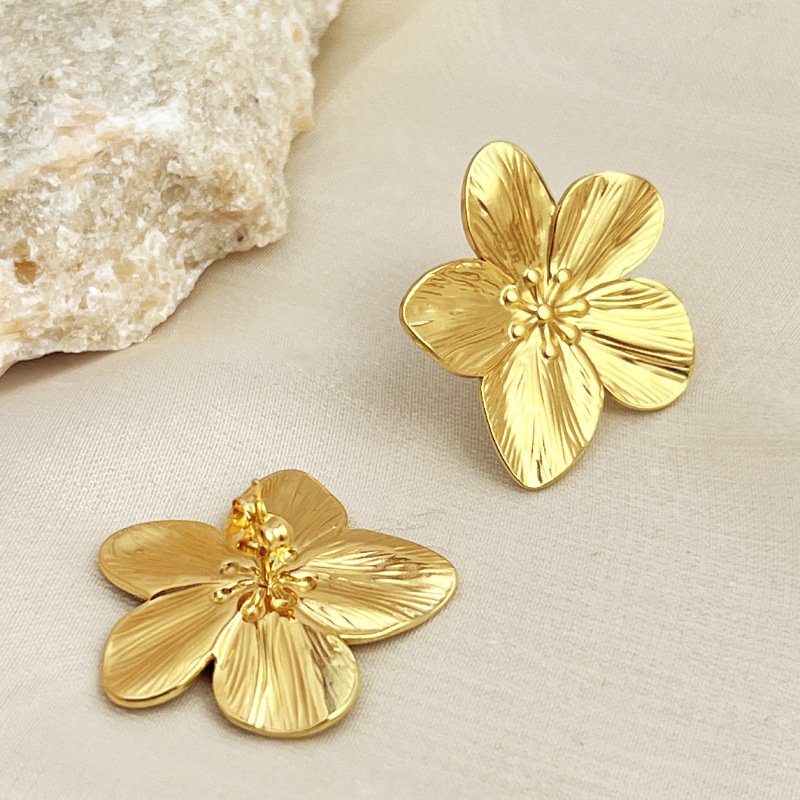 Wholesale Stainless Steel 18K Gold PVD Plated Big Flower Bangles Earrings Rings Fashion Jewelry Sets Women's accessories