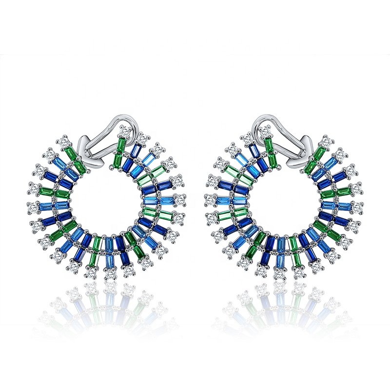 Luxury jewelry silver 925 sterling cuff earrings charming rainbow 18k gold cz colorful blue zircon design earrings popular brand