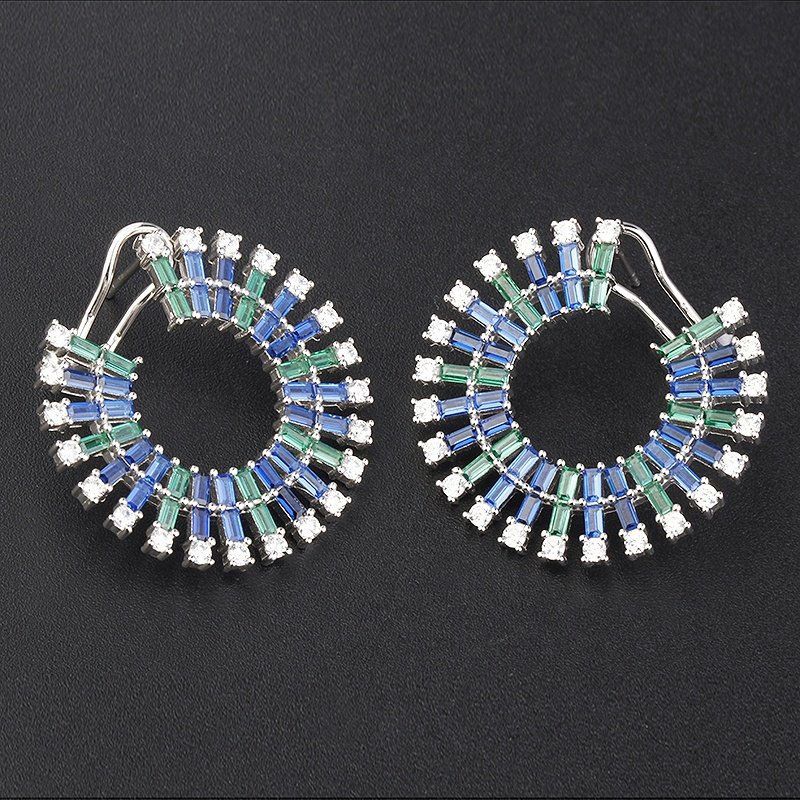 Luxury jewelry silver 925 sterling cuff earrings charming rainbow 18k gold cz colorful blue zircon design earrings popular brand