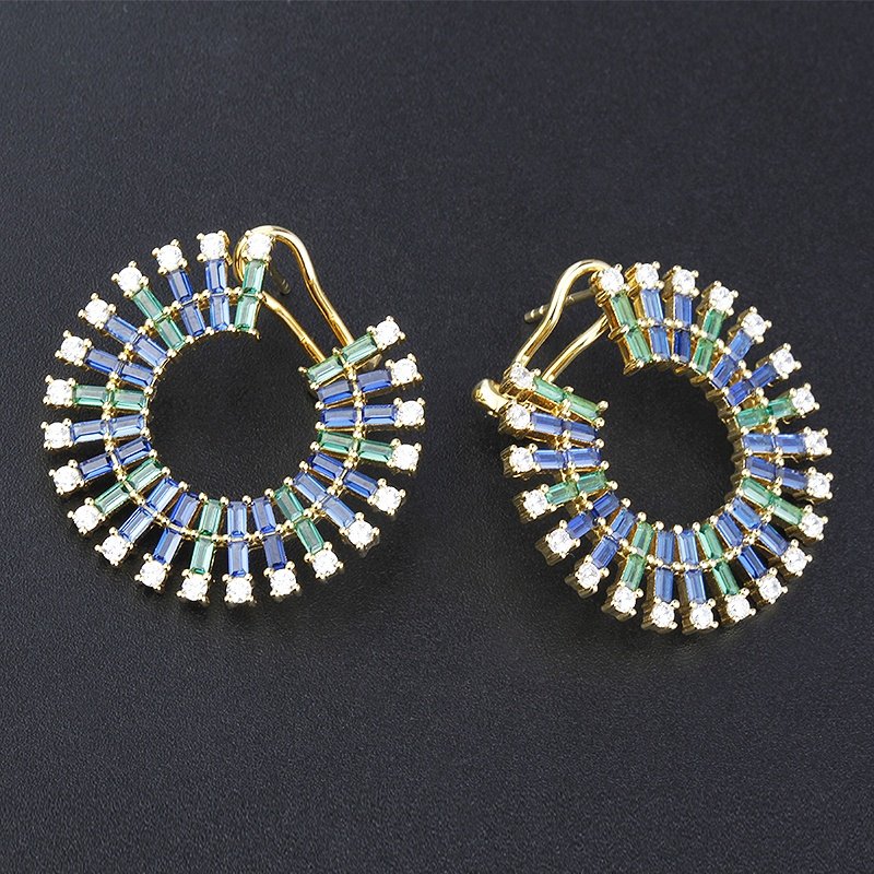 Luxury jewelry silver 925 sterling cuff earrings charming rainbow 18k gold cz colorful blue zircon design earrings popular brand