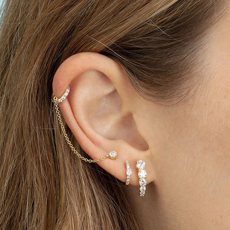 Fashion 925 Sterling Silver Cz Ear Cuff Chain Link Stud Earrings Jewelry