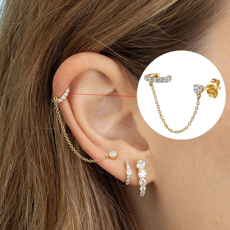 Fashion 925 Sterling Silver Cz Ear Cuff Chain Link Stud Earrings Jewelry