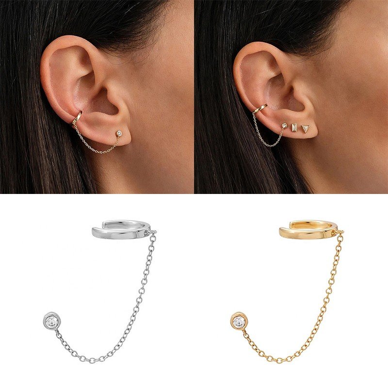 Fashion 925 Sterling Silver Cz Ear Cuff Chain Link Stud Earrings Jewelry