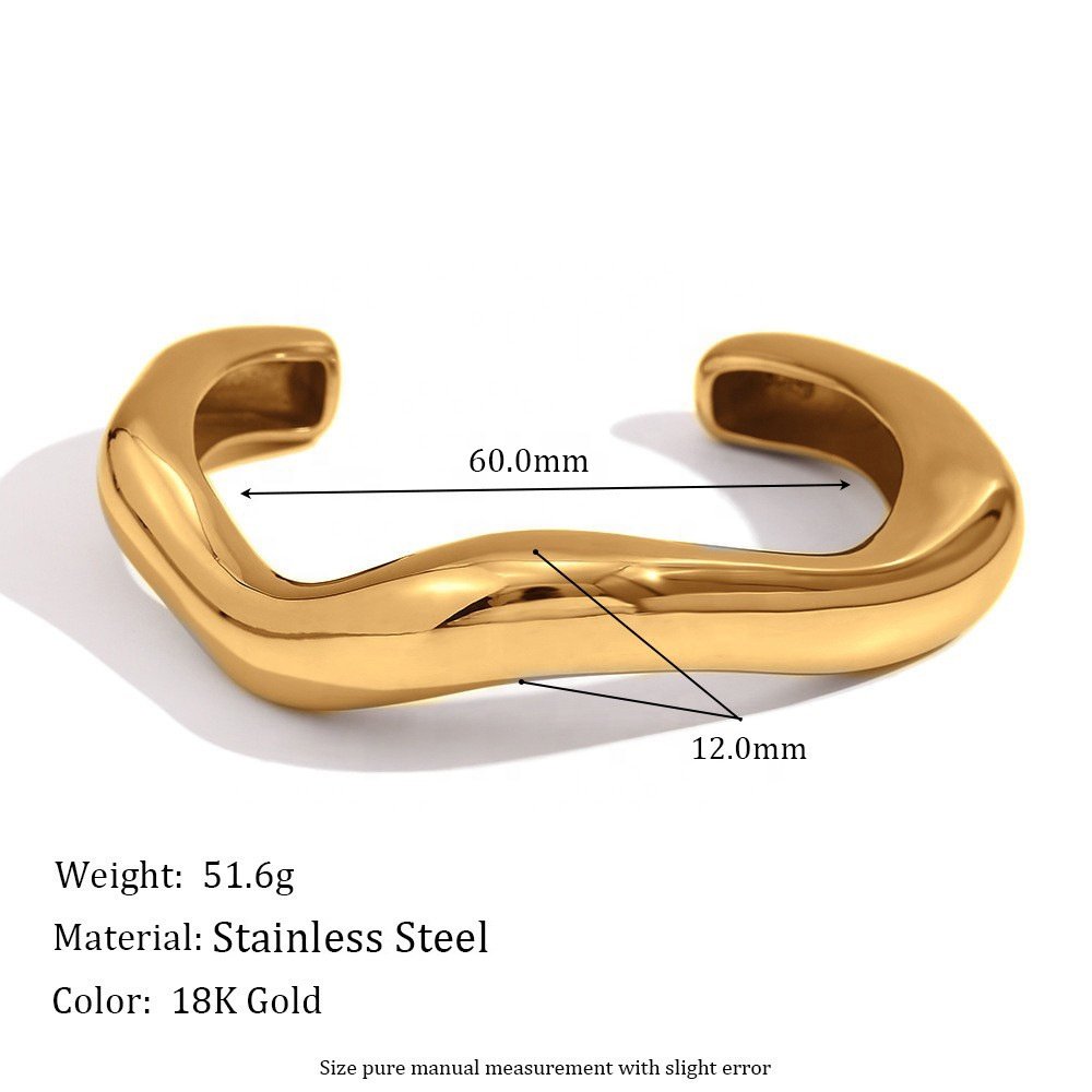 Trendy Fashion Fine Jewelry Set Wave Cuff Bangle 18k Gold Plated Stainless Steel Waterproof Statement Bold Bangle For Women