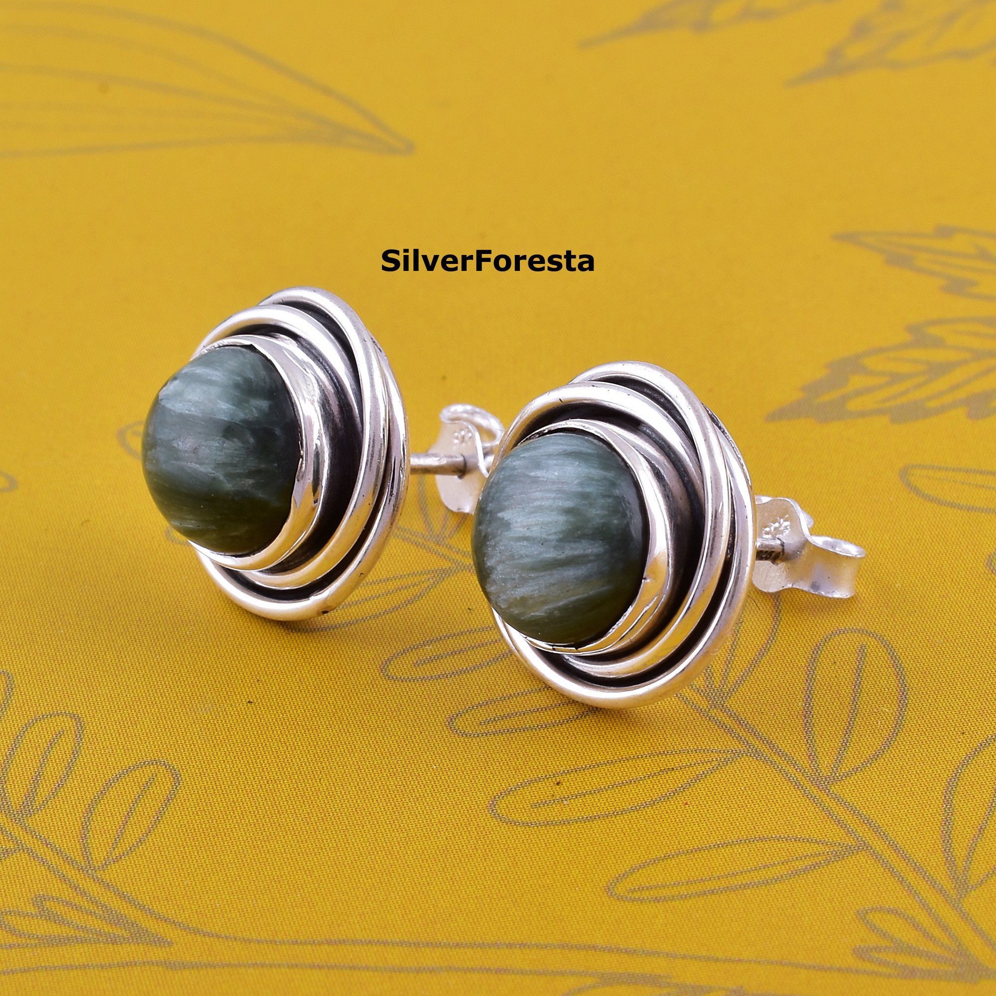 Vintage 925 Solid Sterling Silver Cab Seraphinite Gemstone Stud Earrings Silver Plated Post Ear Cuff for Party Statement Wedding