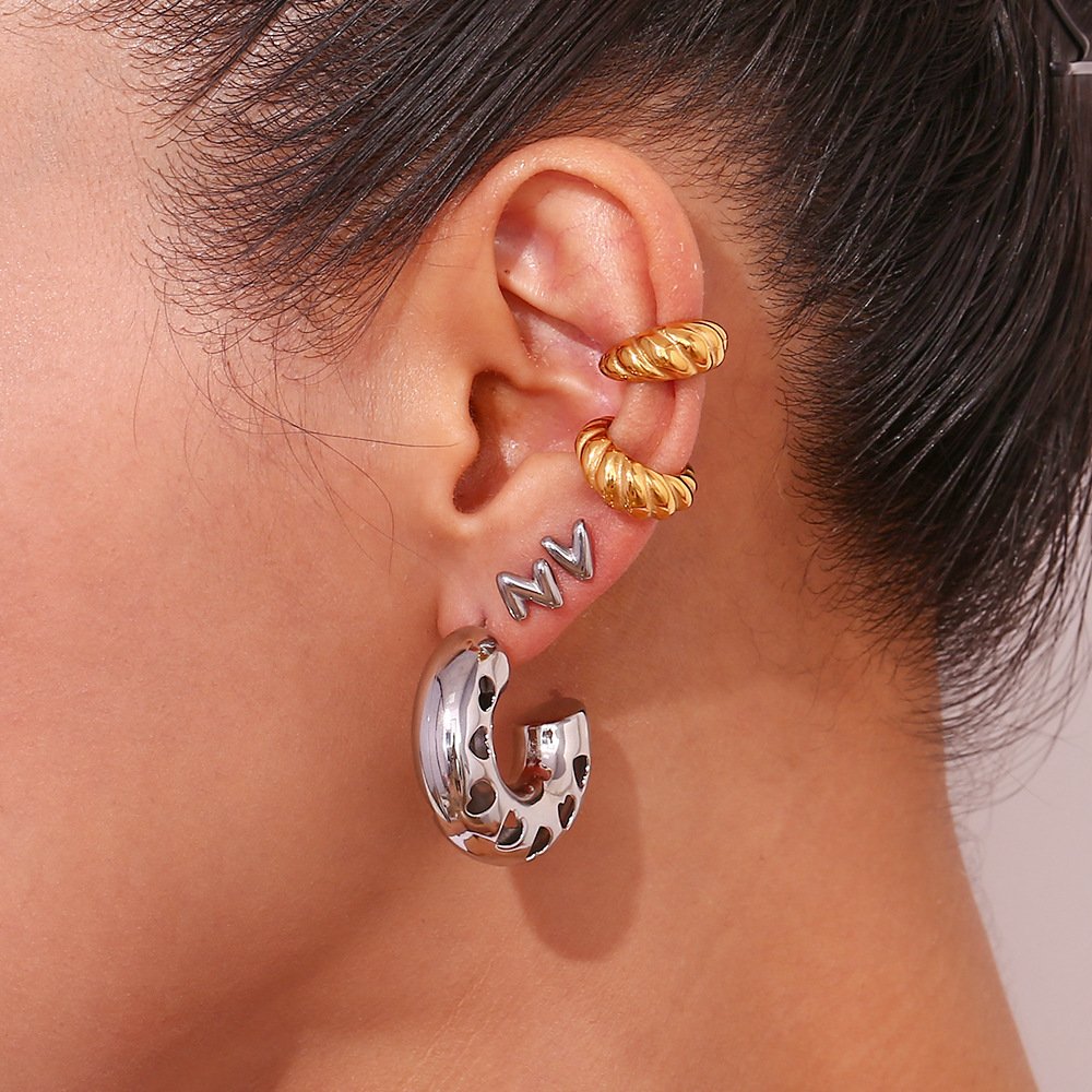 Minimalist Hollow Hammered Clip On Earrings Waterproof Gold Plated Ear Cuff Earrings