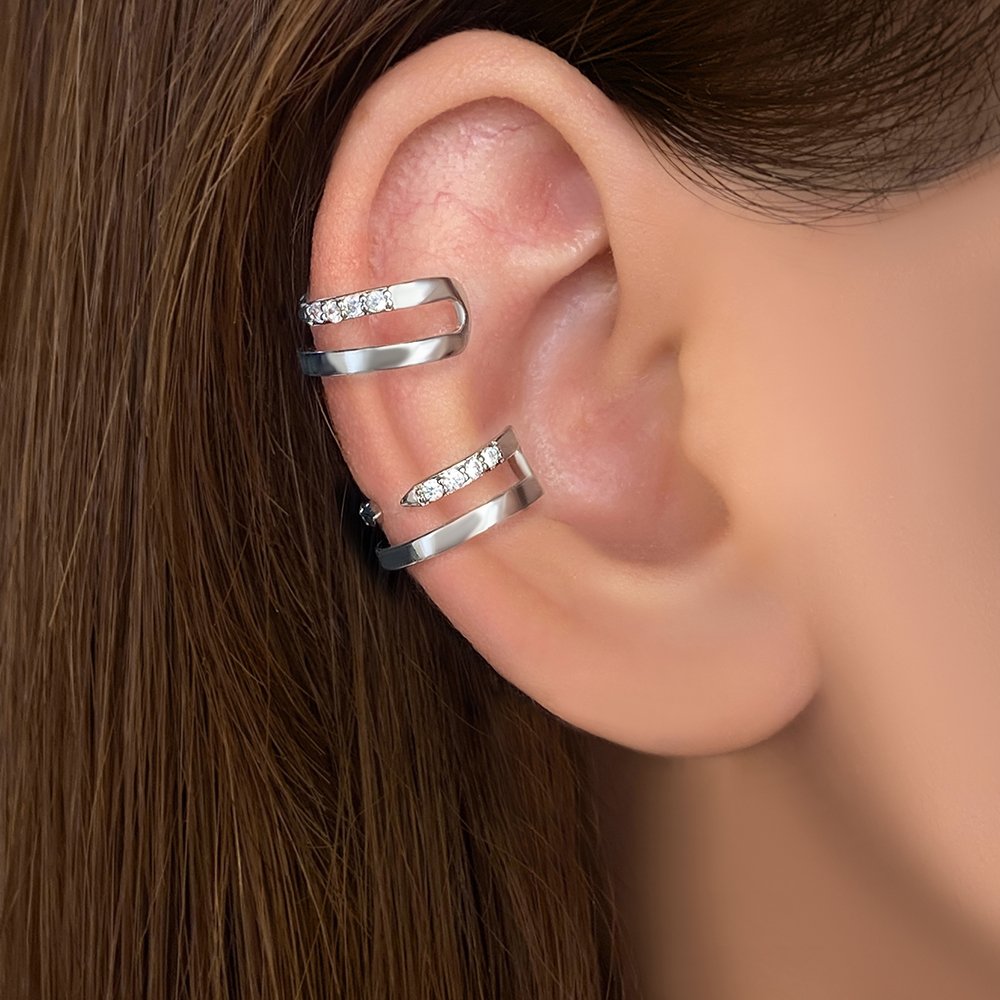 FOXI real 925 silver earrings CZ Double Band Ear Cuffs Dainty Conch Earrings Minimalist Spike cuff Earrings 925 Silver Ear Cuff