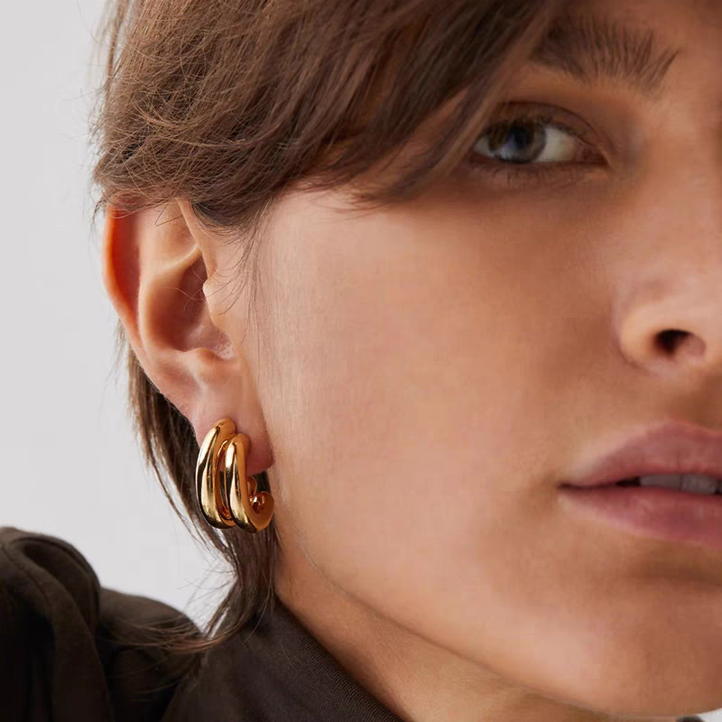 High Fashion Brass Electroplated Gold Glossy Double Layers C-shaped Earrings Two Ways to Wear Women's Jewelry Customized