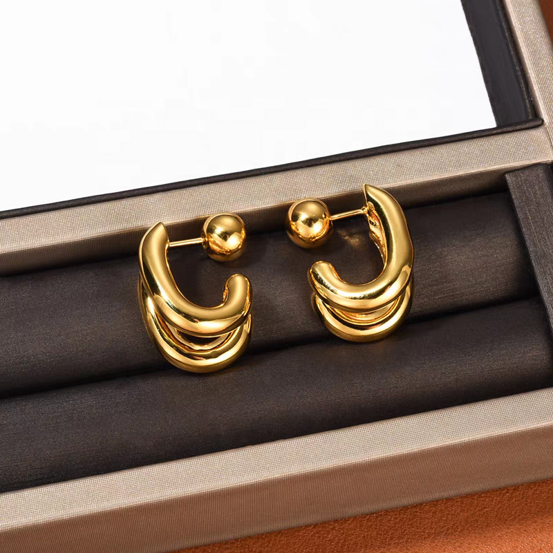 High Fashion Brass Electroplated Gold Glossy Double Layers C-shaped Earrings Two Ways to Wear Women's Jewelry Customized