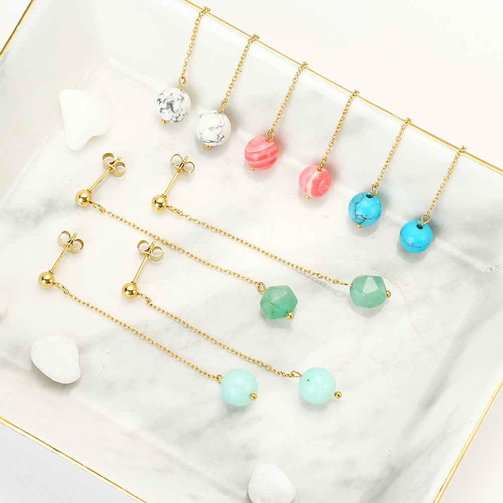 Wholesale Custom Stainless Steel Luxury Jewellery Fine Natural Stone Bead Drop Earrings Fashion Jewelry for Women Accessories
