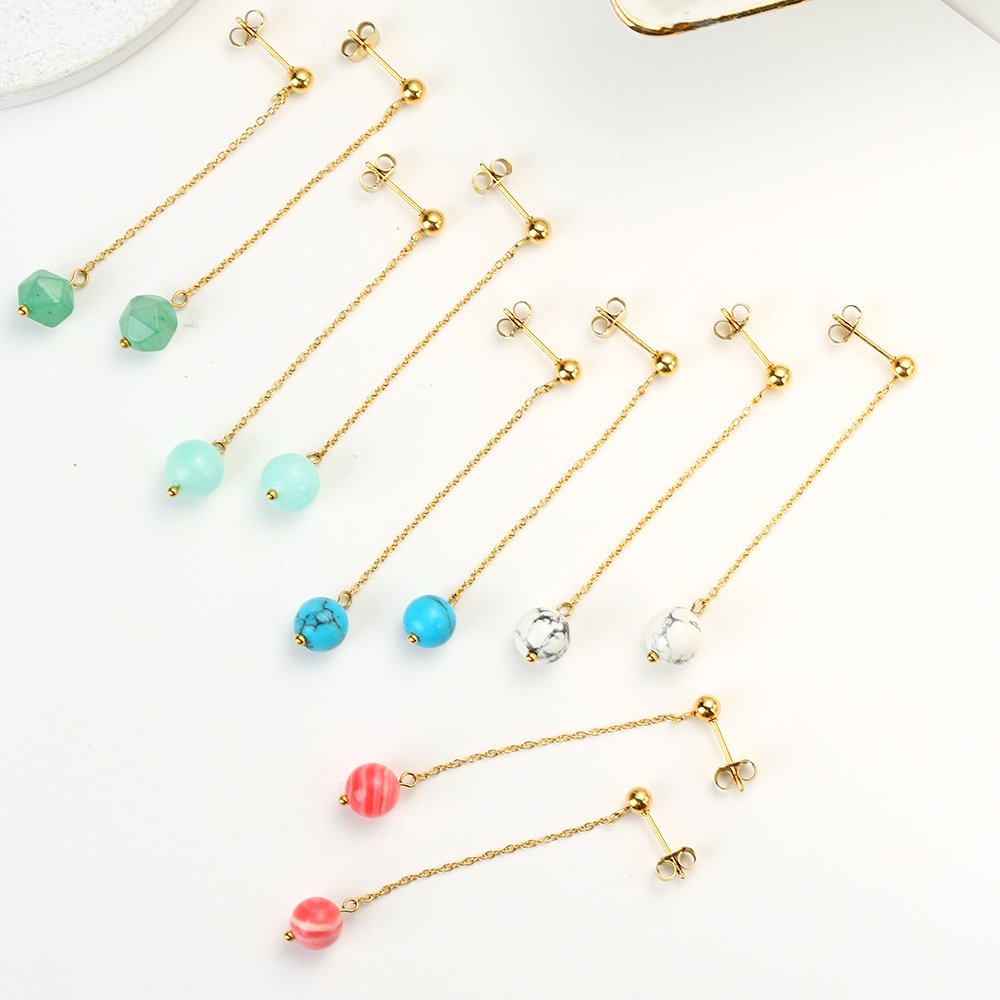 Wholesale Custom Stainless Steel Luxury Jewellery Fine Natural Stone Bead Drop Earrings Fashion Jewelry for Women Accessories