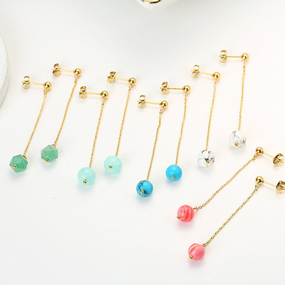 Wholesale Custom Stainless Steel Luxury Jewellery Fine Natural Stone Bead Drop Earrings Fashion Jewelry for Women Accessories