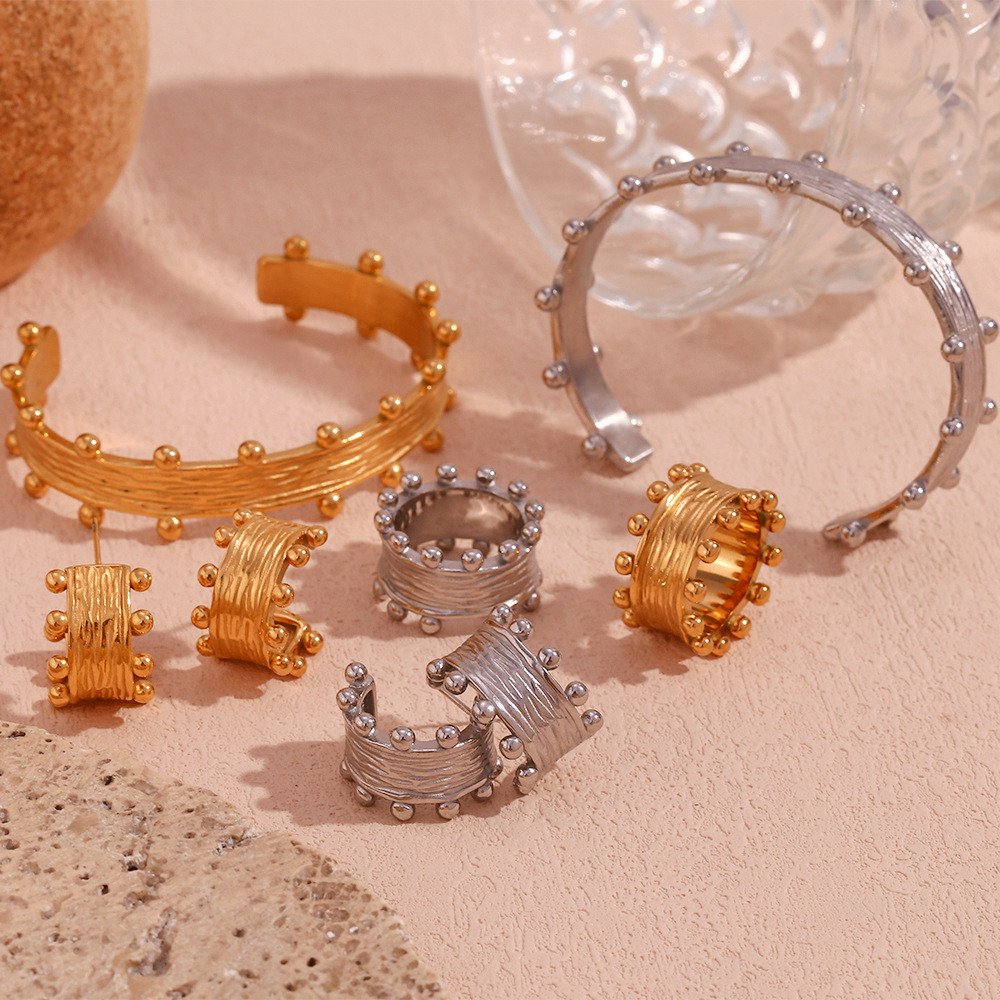 LIQI Fine Boho Gold Plated Cast Brushed Earrings Stainless Steel Bead Shaped Bangle Wide Open Cuff Bracelet Women's Jewelry Sets