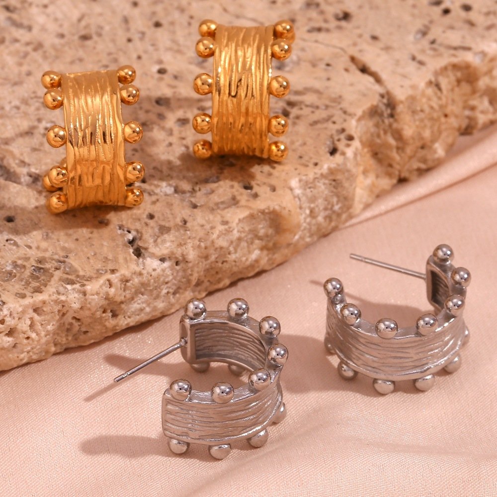 LIQI Fine Boho Gold Plated Cast Brushed Earrings Stainless Steel Bead Shaped Bangle Wide Open Cuff Bracelet Women's Jewelry Sets