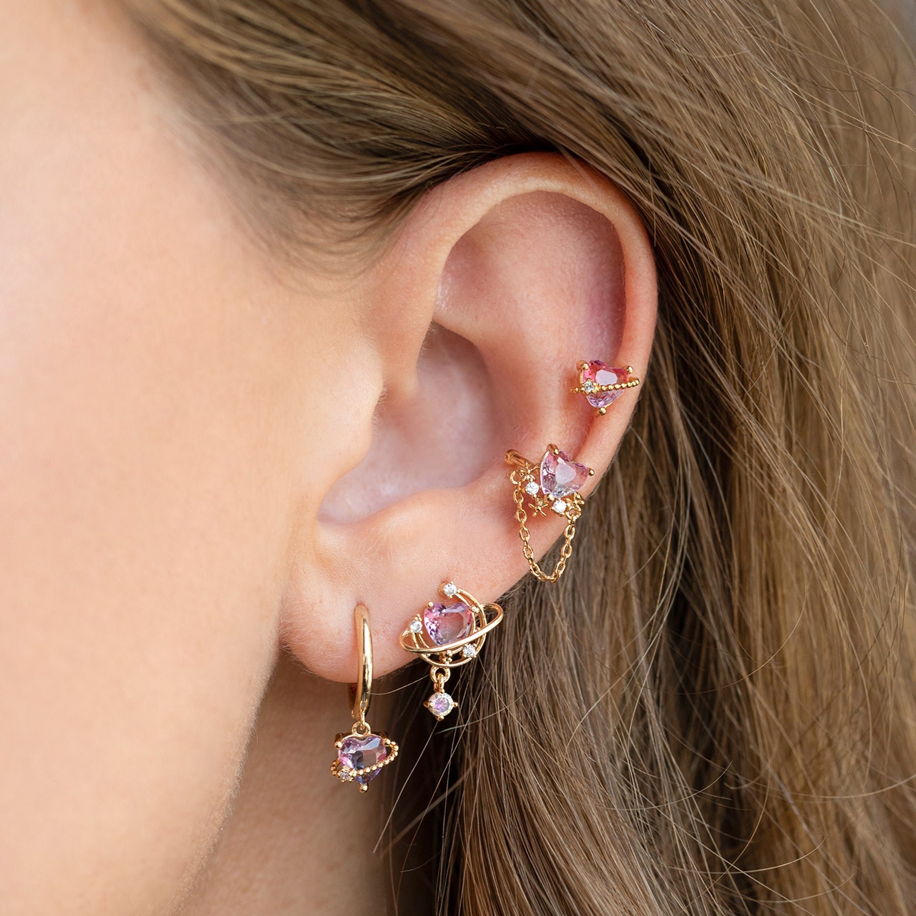 Laodun 2022 Popular Fine Jewelry S925 Silver Cuff Earrings Heart Love Tiny Zircon Sterling Silver Chain Earrings Vermeil
