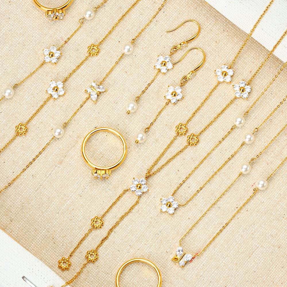 Custom Vintage Stainless Steel Jewellery Fashion Fine Pearl Necklace Earrings Drop Bracelets Rings Jewelry for Women Accessories