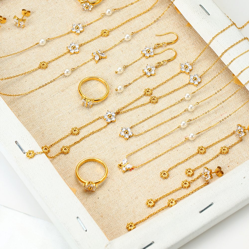 Custom Vintage Stainless Steel Jewellery Fashion Fine Pearl Necklace Earrings Drop Bracelets Rings Jewelry for Women Accessories