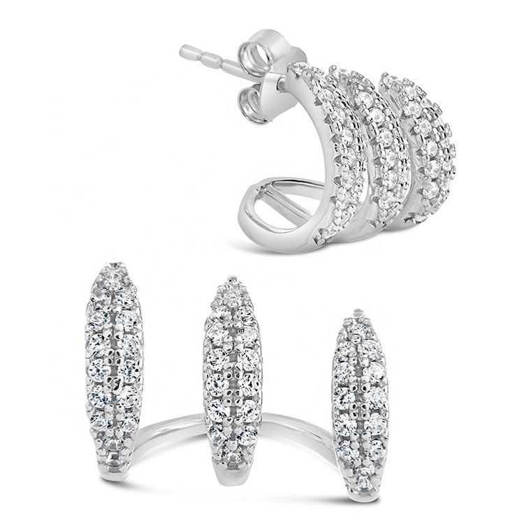 2024 New Design 925 Sterling Silver 14K/18K Gold Plated Elegant Modern Fine Jewelry CZ Paved Triple-Row Cuff Stud Earring