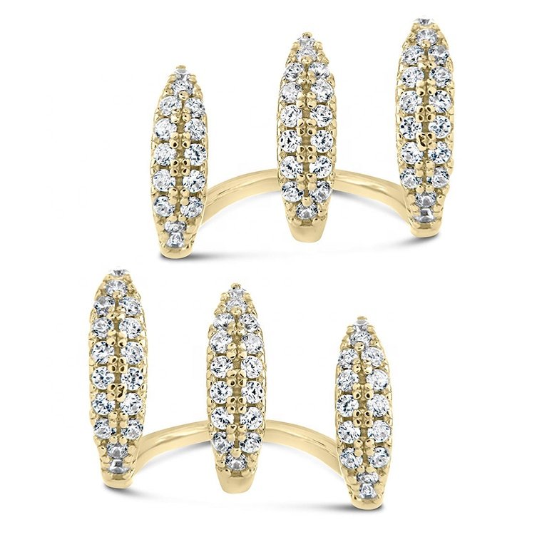 2024 New Design 925 Sterling Silver 14K/18K Gold Plated Elegant Modern Fine Jewelry CZ Paved Triple-Row Cuff Stud Earring