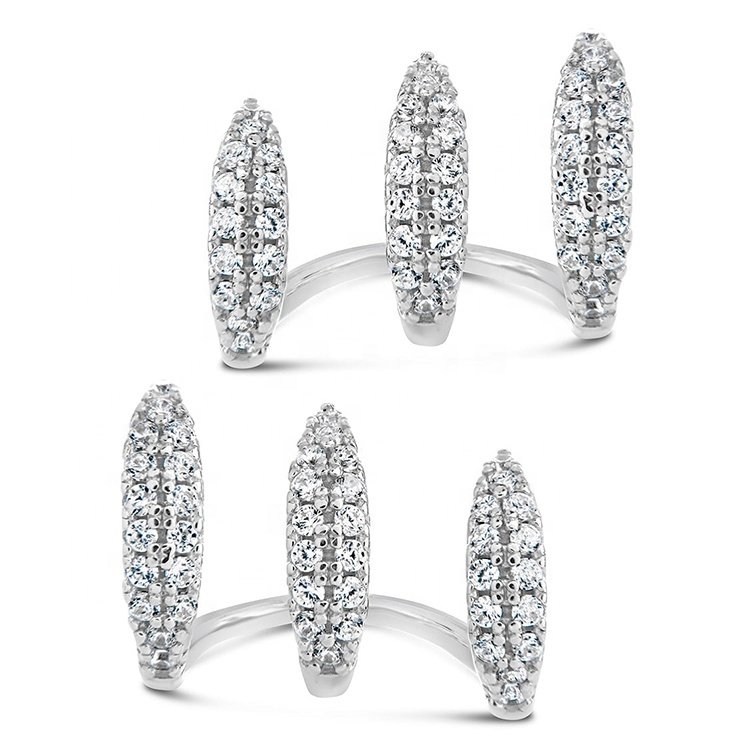 2024 New Design 925 Sterling Silver 14K/18K Gold Plated Elegant Modern Fine Jewelry CZ Paved Triple-Row Cuff Stud Earring