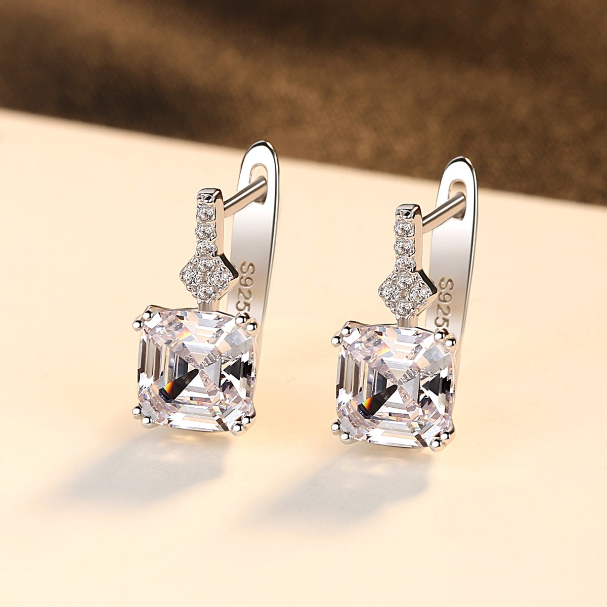 CZCITY Women Luxury Real 925 Sterling Silver Smoke Topaz Cuff Earrings