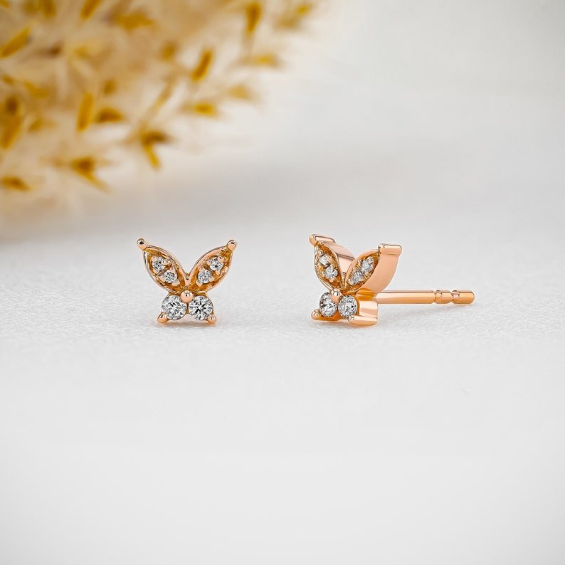 Luxury Hand Crafted 18k Pure Gold & Real Diamond Studded Beautiful Butterfly Shaped Stud Earrings For Her Minimalist Jewelry OEM