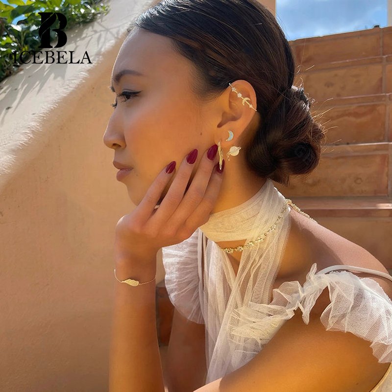 Fine Jewelry 925 Silver New Minimalist Classic Zircon No Piercing Ear Clip Glossy Circle Cuff Hook Moon Star Earrings For Girls