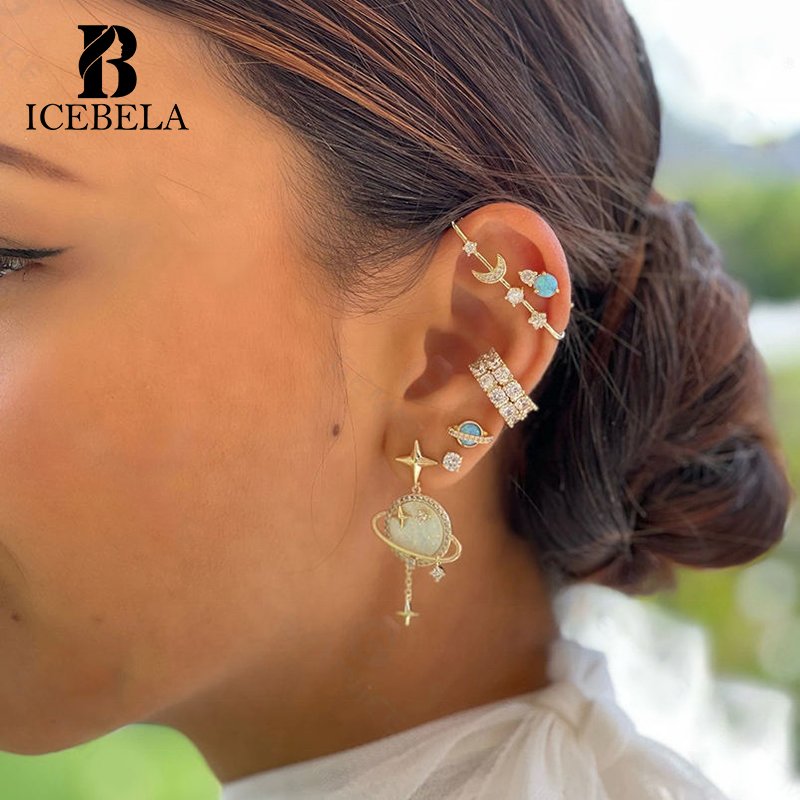 Fine Jewelry 925 Silver New Minimalist Classic Zircon No Piercing Ear Clip Glossy Circle Cuff Hook Moon Star Earrings For Girls