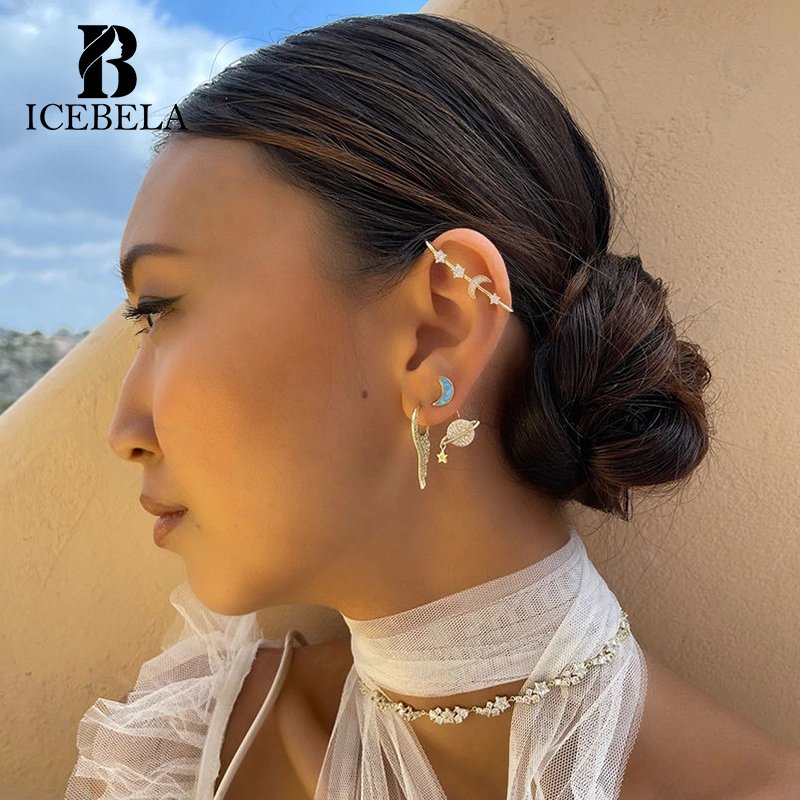 Fine Jewelry 925 Silver New Minimalist Classic Zircon No Piercing Ear Clip Glossy Circle Cuff Hook Moon Star Earrings For Girls