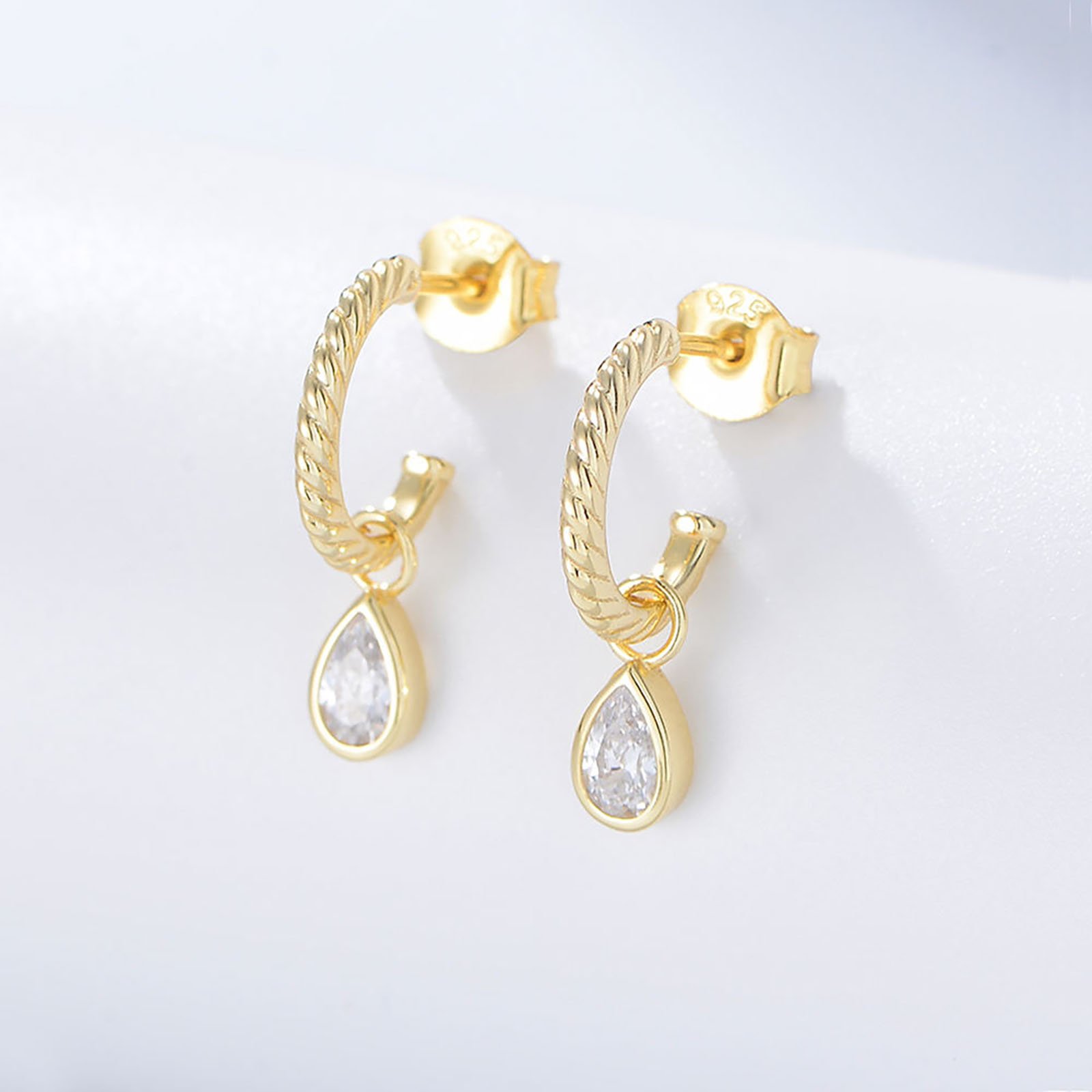 OEM hele jewelry 2022 new design funky 14k gold plated twisted cuff pear cz drop charm fancy earring