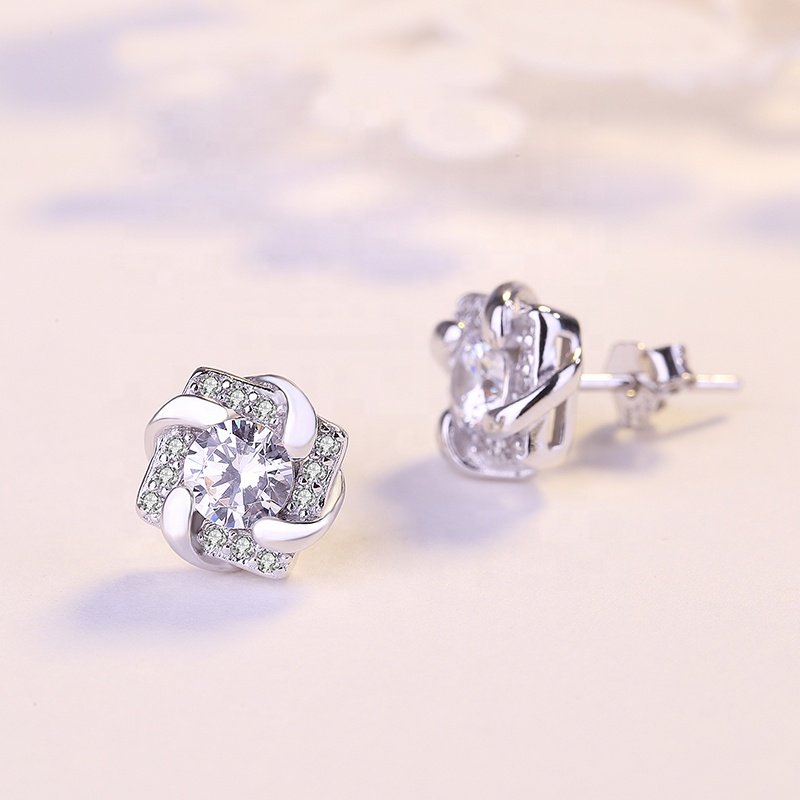 EC56 Cheap Fine Jewelry Flower floral Earrings Square Zircon Fancy Jewelry Cheap Spinning zircon ear studs of eternal love