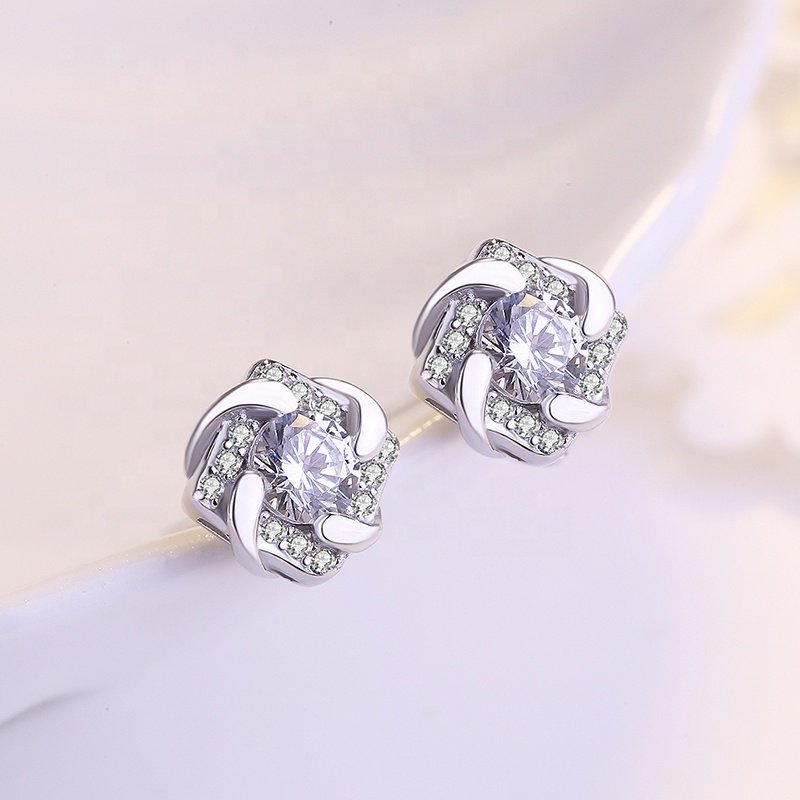 EC56 Cheap Fine Jewelry Flower floral Earrings Square Zircon Fancy Jewelry Cheap Spinning zircon ear studs of eternal love