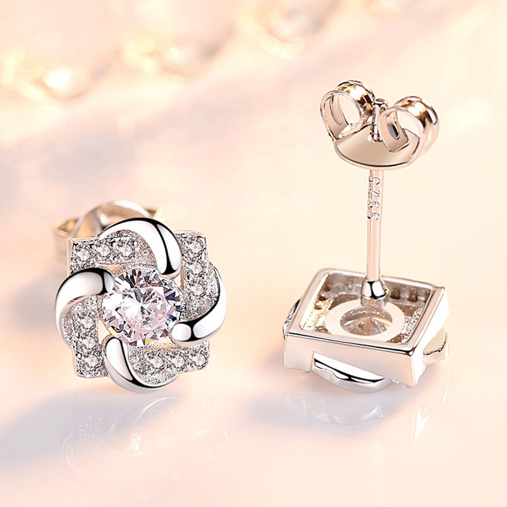 EC56 Cheap Fine Jewelry Flower floral Earrings Square Zircon Fancy Jewelry Cheap Spinning zircon ear studs of eternal love