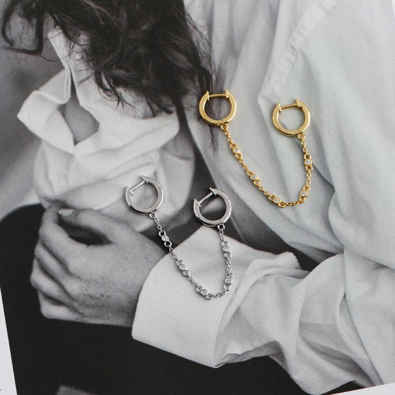 New Design 925 Sterling Silver Double Circle-shaped Chain Tassel Chain Zircon 18k Gold Plated Ear Cuff