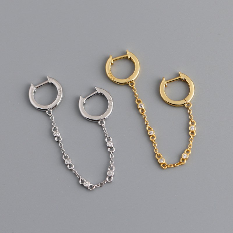 New Design 925 Sterling Silver Double Circle-shaped Chain Tassel Chain Zircon 18k Gold Plated Ear Cuff