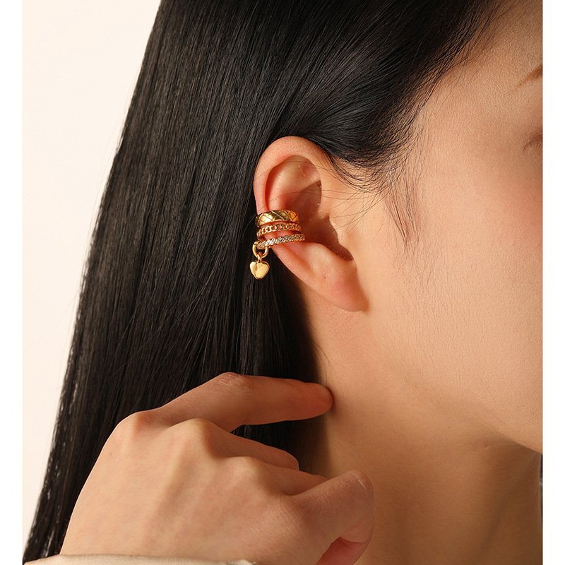 European and American new micro-paved zircon rhombus pattern love ear cuff personalized fashionable versatile earrings for women