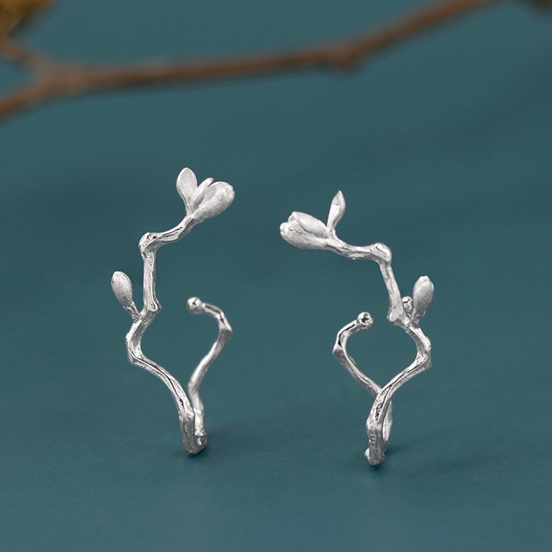 925 Sterling Silver Handmade Jewelry Magnolia Flower Ear Clip Cuff Earrings