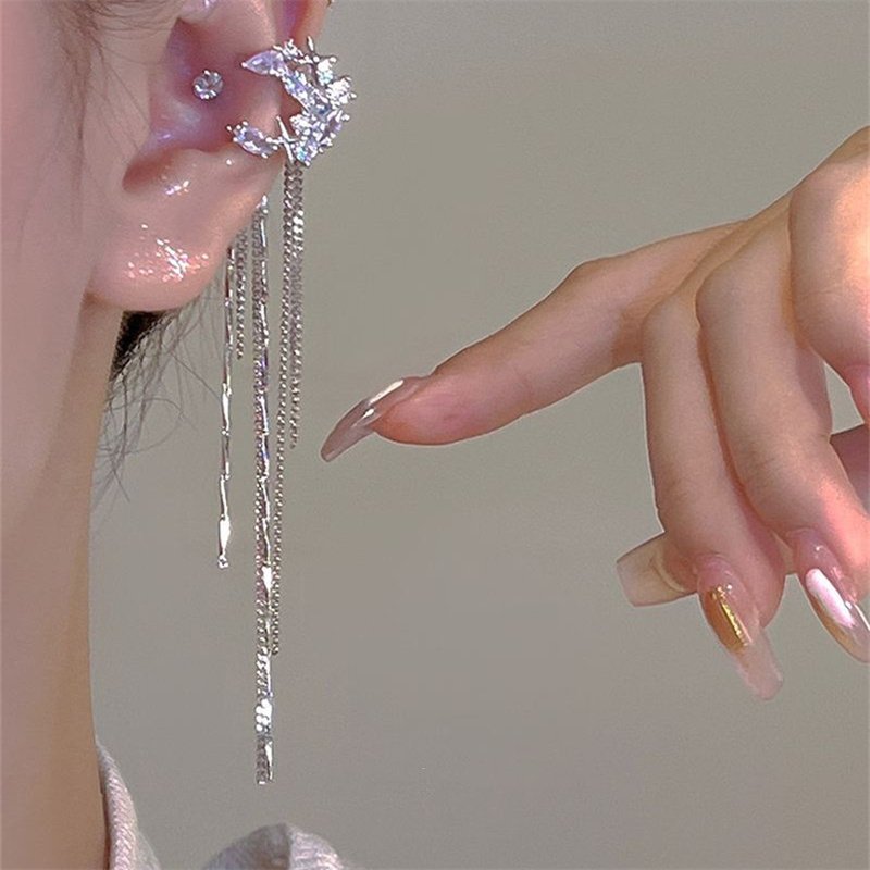 Women Non Pierced Moon Ear Cuff Party Jewelry Shiny Rhinestones Earrings Cute Tassel Ear Clips