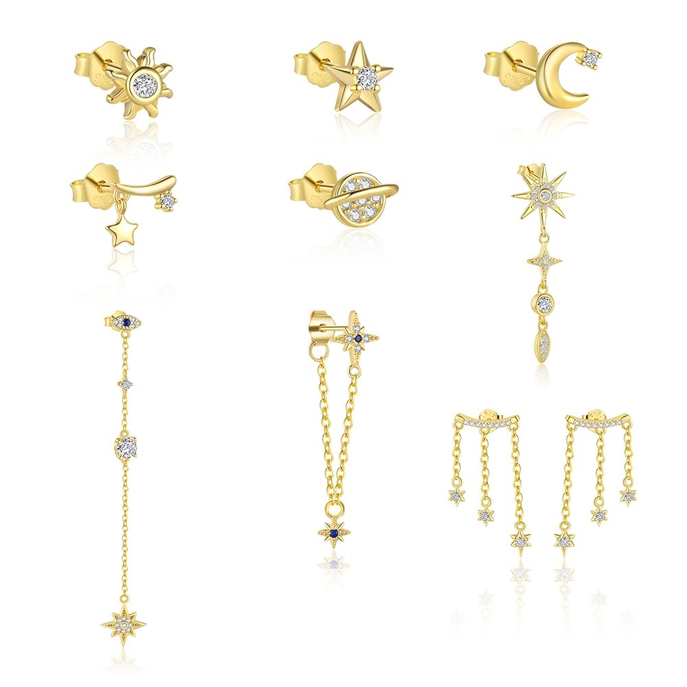 Trendy Statement Jewelry 925 Sterling Silver Star Moon Sun Evil Eye Zircon Stud Tassel Dangle Drop Earring